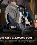Side view of Evolution S14CPS 14-inch metal-cutting chop saw with EVOMAX14ST blade cutting a steel pipe.