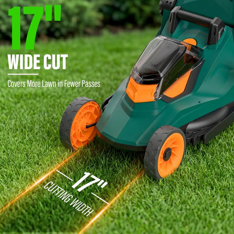 40V Cordless Push Lawn Mower With Brushless Motor 17 Inch Deck 5 Position Height Adjustment Low And High Speed Modes At 3300 RPM And 3700 RPM For Smooth Clean Cuts, 17-inch cut view