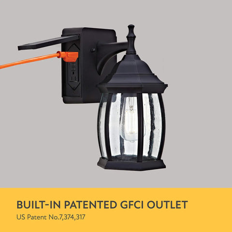 Traditional Outdoor Wall Sconce With Seeded Glass And Two Built In GFCI Outlets For Easy Access Power Black Finish