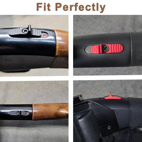 Enhanced Slide Safety Upgrade for Mossberg shotguns, hard anodized aluminum, reversible insertion, non-slip grip shown in use.