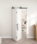 36 By 84 Inch Bifold Barn Door Single Panel Primed White Interior Sliding Closet Organizer with chic handle and sleek design.