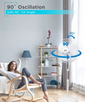 Height Adjustable Pedestal Standing Fan With Remote and Touch Control Panel, 18 Inch, in a modern living room.