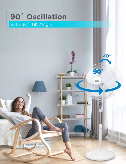 Height Adjustable Pedestal Standing Fan With Remote and Touch Control Panel, 18 Inch, in a modern living room.