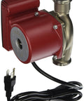 Rock Steady Stainless Steel Circulator Pump With Canned Rotor Engine, compact size with red housing and power cord for plumbing.