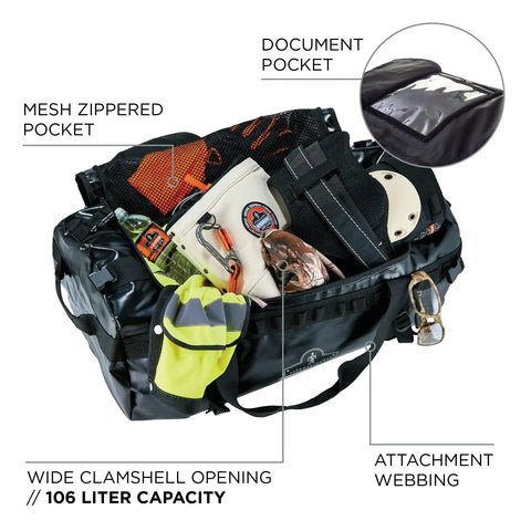 Beefy Medium Tarpaulin Water Resistant Duffel Bag With Removable Shoulder Straps 5030M Built To Last With 1000D Polyester Mesh Backing And Spacious Interior Black showing wide clamshell opening