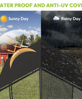 Heavy Duty Predator Proof Metal Chicken Run With Cover And Swing 118 Inch Long By 40 Inch Wide By 40 Inch High shown in rainy and sunny weather