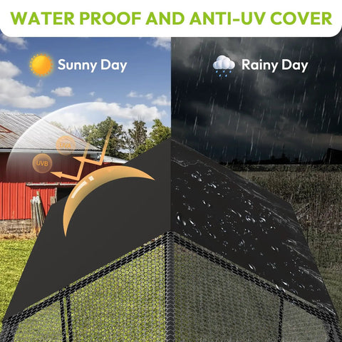 Heavy Duty Predator Proof Metal Chicken Run With Cover And Swing 118 Inch Long By 40 Inch Wide By 40 Inch High shown in rainy and sunny weather