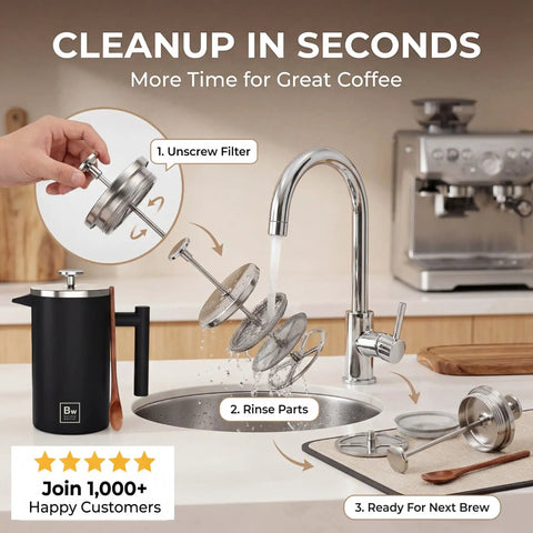 Double Wall Stainless Steel French Press Coffee Maker With Built In Thermometer And Fine Mesh Dual Filters for easy cleaning at the sink.