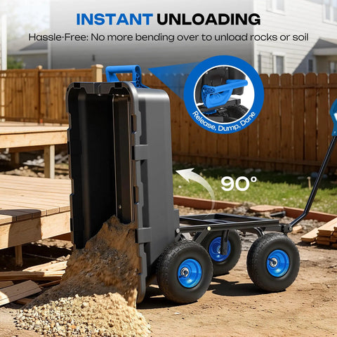 900 Pound Capacity Garden Dump Cart With 10 Inch Non Slip Pneumatic Tires dumping sand on yard