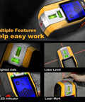 2-In-1 Stud Finder With Laser Level showing multiple features, including LED indicator, laser mark, lighted vials, and level.