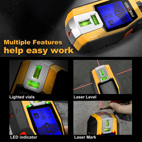 2-In-1 Stud Finder With Laser Level showing multiple features, including LED indicator, laser mark, lighted vials, and level.