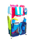 Big Pool Gear Organizer with Towel Bars and Mesh Rolling Bin filled with colorful pool toys, Blue and White style