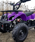 Purple ATV with rugged tires for off-road use in a snowy field