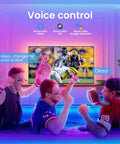 Three friends watching a game with 25ft Smart LED Strip Lights For Bedroom RGB Color Changing With Music Sync Alexa Compatible App Remote.