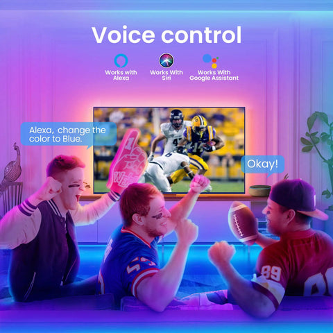 Three friends watching a game with 25ft Smart LED Strip Lights For Bedroom RGB Color Changing With Music Sync Alexa Compatible App Remote.