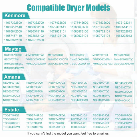 List of compatible dryer models for Upgraded 4392065 Dryer Repair Kit DIY Friendly With 691366 Idler Pulley, 341241 Dryer Belt And 349241t Roller Replaces AP3131942 WP691366 Includes 1 Idler Pulley, 1 Belt, 1 Roller Fits Most Front Load And Top Load Dryers From Major Brands.