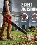 Man using Power Packed Cordless 20V Leaf Blower With 700 CFM And 200 MPH on lawn with two speed settings, red and black design