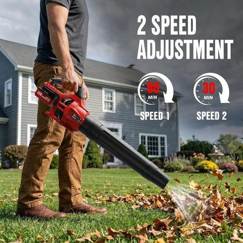 Man using Power Packed Cordless 20V Leaf Blower With 700 CFM And 200 MPH on lawn with two speed settings, red and black design