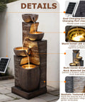 38.2 Inch Solar Powered Outdoor Water Fountain With Four Tier Cascading Bowls And Stacked Stones LED Lights Dual Charging