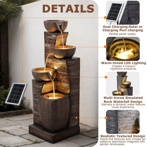 38.2 Inch Solar Powered Outdoor Water Fountain With Four Tier Cascading Bowls And Stacked Stones LED Lights Dual Charging