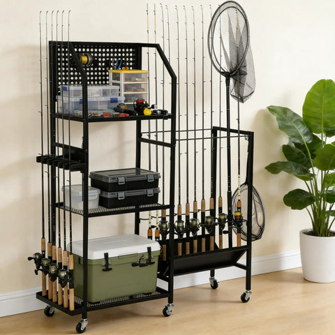 3 Tier Fishing Pole Rack With Lockable Wheels Holds Up To 18 Rods And Keeps Gear Handy With Pegboard Hooks For Lures Pliers And Tackle