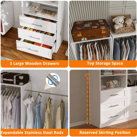 Premium Modular Closet System With Twelve Roomy Drawers Expands Effortlessly From Eight To Twenty One Feet No Sweat Setup showcases large wooden drawers and expandable rods.