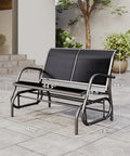 Two Person Outdoor Glider Bench Swing Loveseat For Patio Porch And Garden With Double Rocking Chair And Powder Coated Steel Frame Built For Cozy Hangouts Water Resistant Quick Dry Sling Fabric UV Resistant Black in patio setting with dimensions shown