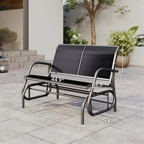 Two Person Outdoor Glider Bench Swing Loveseat For Patio Porch And Garden With Double Rocking Chair And Powder Coated Steel Frame Built For Cozy Hangouts Water Resistant Quick Dry Sling Fabric UV Resistant Black in patio setting with dimensions shown