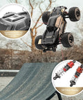 1/16 Scale Brushless 4x4 RC Truck with Dual Lipo Batteries jumping ramp, showing oil-filled shocks and chassis details
