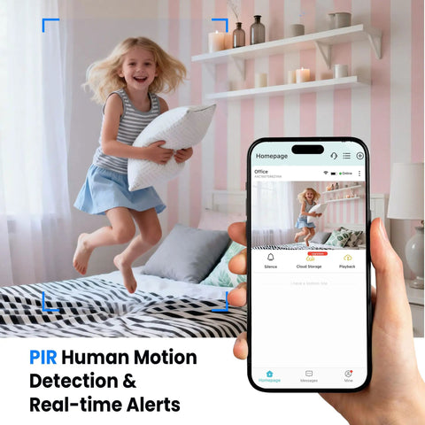 Mobile display of Upgraded 4K Spy Camera With 5GHz WiFi Long Battery Life Night Vision Motion Alerts Free Cloud Storage Wireless Indoor Nanny Cam For Home Security Real Time Alerts With Cloud Backup showing real-time alert of child jumping on bed.