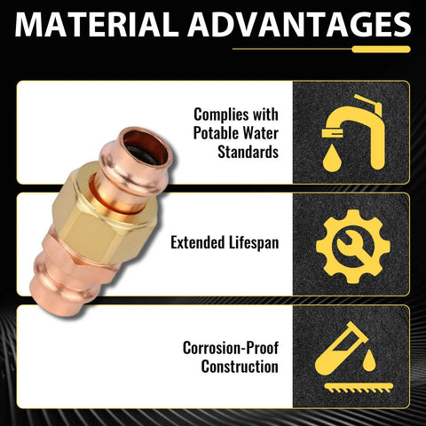 Image of 50 Pack 1 Inch X 1 Inch Copper Press Union Coupling showing corrosion-proof construction and compliance with water standards.