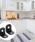 Stainless Steel L Bracket Shelf Brackets Set For Wood Corners, 12 Pack With 24 Screws, shown in a kitchen setting with close-up inset