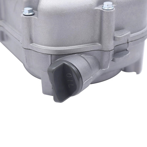 Lumicasaler gear reduction box, gray metal housing with oil fill cap, side view