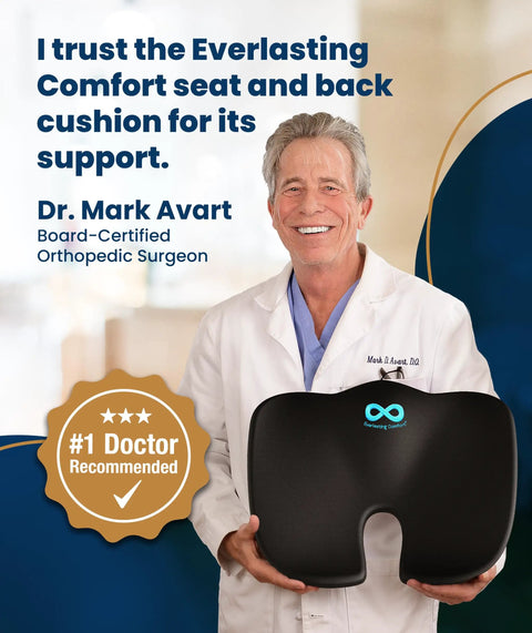 Feel The Ultimate Comfort With This Doctor Approved Memory Foam Seat Cushion Designed For Office Chairs And Cars To Crush Tailbone Pain And Sciatica Suffering While Boosting Your Posture During Those Long Grind Sessions In Style Black, held by Dr. Mark Avart.