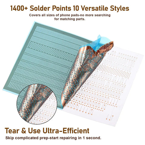 Close-up of solder points and styles from All In One PCB Trace Repair Kit With 2780 Solder Pads Blocks And Repair Components.