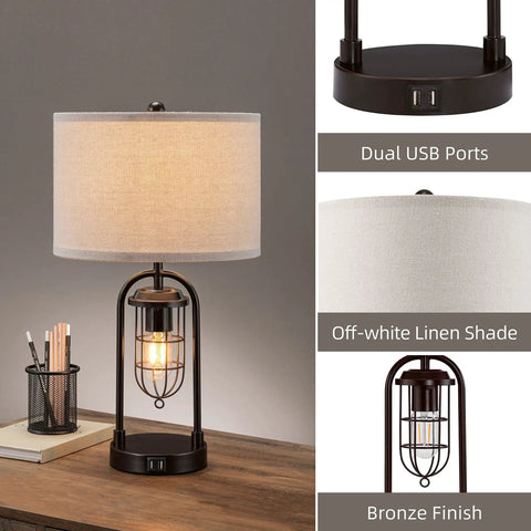 Farmhouse Table Lamps With USB Ports And AC Outlet 3 Way Dimmable Touch Control Nightstand Set With Bulbs Included for Cozy Vibe