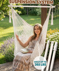 Cotton Rope Hammock Chair with Macrame Swings, Handmade Hanging Seat, outdoor setup, showing collapsible metal spreader bar support.