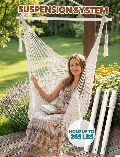 Cotton Rope Hammock Chair with Macrame Swings, Handmade Hanging Seat, outdoor setup, showing collapsible metal spreader bar support.