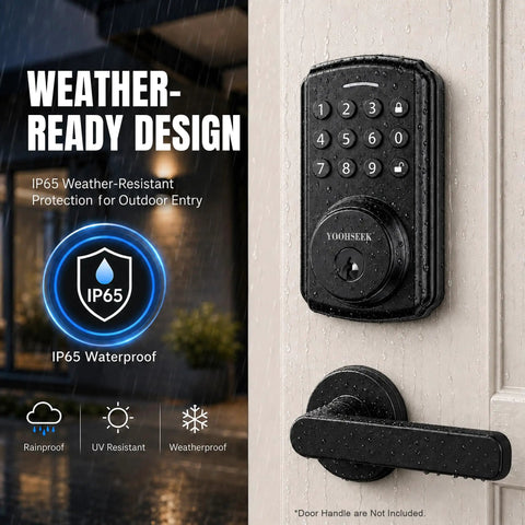 Programmable Electronic Keypad Deadbolt Keyless Entry Door Lock For Bedroom Closet Apartment Hardware Matte Black Finish with IP65 waterproof rating.