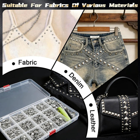 600 Piece Metal Studs And Spikes Kit For DIY Punk Fashion With 8 Size Cone Spikes And Pyramid Studs, Screwback Rivets, shown on fabric, denim, leather