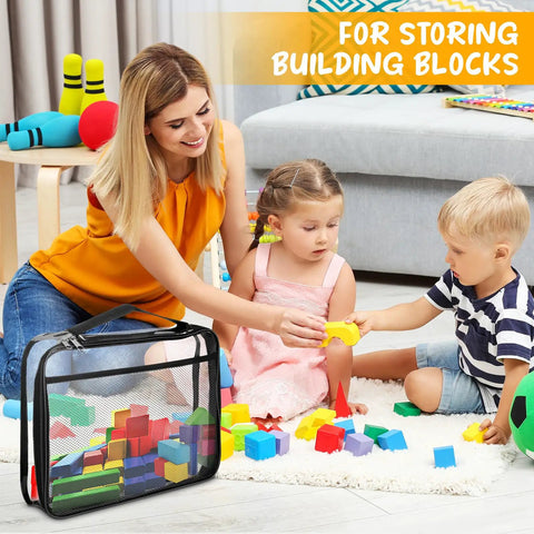 Mother and children using Clear See Through Toy Storage Bags 8 Pack With Zippers Portable Handle Travel Ready Organizer For Blocks