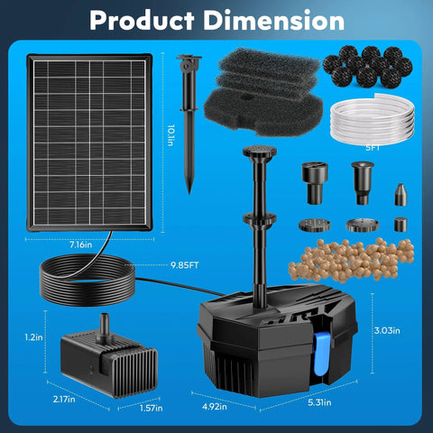 Components of Solar Pond Filter Kit With 8W Fountain And 3600mAh Battery Keeps Small Ponds Clean shown with dimensions.