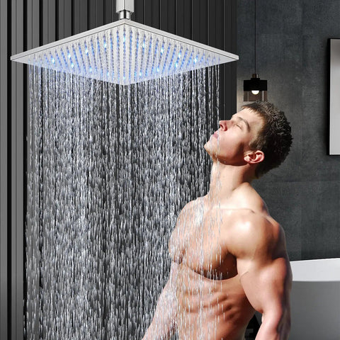 High Pressure Universal Rain Shower Head With LED Chrome Square Design 16 Inch Rainfall Waterfall Showerhead in use