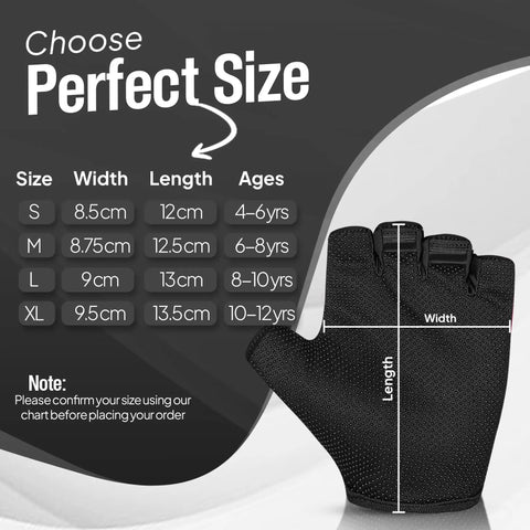 Size chart for Kids Cycling Gloves With Non Slip Palm Grip Half Finger Design For Boys And Girls Anti Slip Bike Gloves