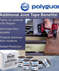 Installers using Rot Shield Joist Tape For Wood Decks Self Adhering Waterproof Shield 4 Inch Wide By 100 Feet Made In USA Tough Rubberized Asphalt And Poly Film Prevents Water Damage And Deck Rot.