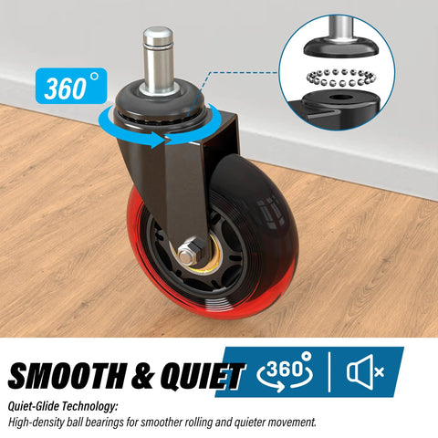 Office Chair Wheels Set Of 5 - 3 Inch Rubber Casters Replacement Universal Fit, Heavy Duty, Smooth And Quiet Rolling