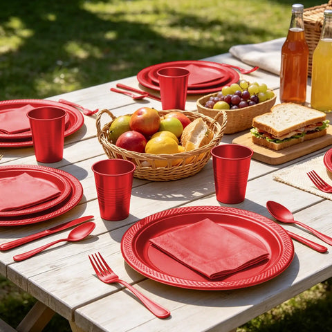 Kickback Ready Red Plastic Dinnerware Set Feeds Fifty Guests With Nine Inch Plates Seven Inch Snack Plates 12 Ounce Cups Utensils And Napkins For No Stress Backyard Hangouts laid out on a picnic table.