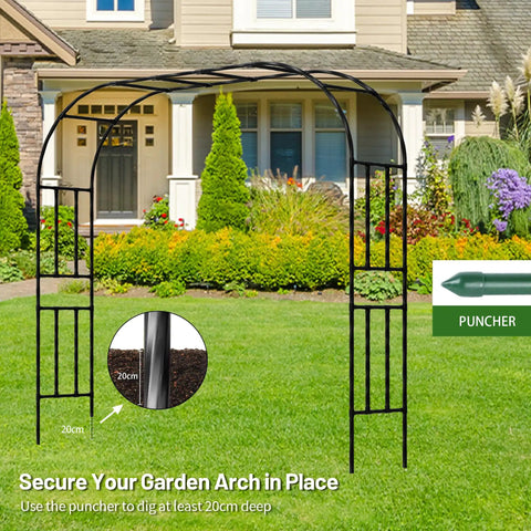 7.9 Foot Metal Garden Arch Trellis For Outdoor Climbing Plants, Large Wedding Ceremony Arbor shown in a garden setting