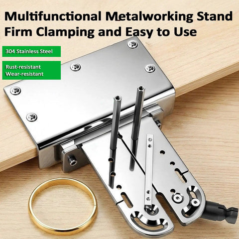 Stainless Steel Bench Vise For Jewelry Making And Metalworking Lets You Hold Tools Firmly While Filing Shaping And Cutting Gold Silver Alloy Projects With Ease featuring a metalworking stand with a gold ring on a wooden surface.