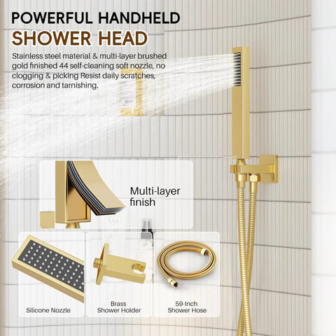 Top Shelf Brushed Gold Shower System Crafted From Solid Brass And Stainless Steel With A Badass Rain Shower Head Zero Plastic Inner Tubing Bathroom Faucet Set Straight Up Reliable For Any Home Renovation Project